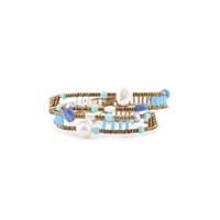 Ziio's  "Shinju" beaded Boa Bracelet features a beautiful blend of Blue Gemstones - Turquoise, Kyanite & Magnesite - with White Pearls  in a light, open work design. Hand crafted using Stainless Steel wire with Murano Glass Beads. Wraps twice around wrist