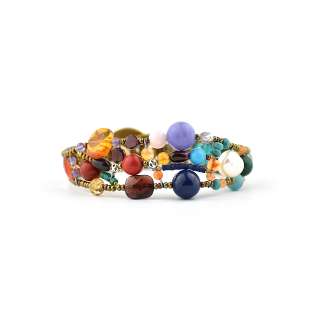 Ziio's new "Shinju" beaded Cuff features a beautiful vibrant blend of Multi-Color Gemstones - Lapis, Citrine, Amber, Amethyst & Chrysophrase - in a light, open work design.  Hand crafted using Stainless Steel wire with Murano Glass Beads. Made in Italy