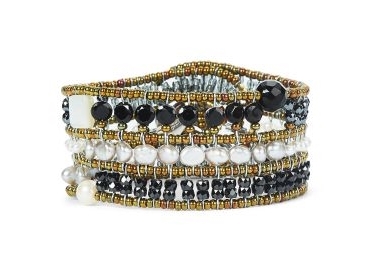 From Ziio's Tabiz Collection, this linear beaded Bracelet has the striking contrast of Black & White. Black Onyx, Zircon & Hematite Gemstones are accented with White Pearls & Mother of Pearl. Hand crafted in Italy on stainless steel wire.