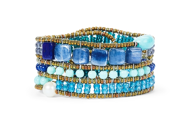 Ziio's Tabiz Collection, this linear beaded Bracelet has all the Blue shades in the sky. Kyanite & Lapis Gemstones are accented with Blue Zircon & Turquoise. Hand crafted in Italy using Murano Glass seed beads on stainless steel wire. Sterling Silver