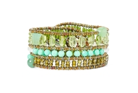 From Ziio's Tabiz Collection, this linear beaded Cuff Bracelet is a harmonious blend of soft greens. Green Chryosphrase, Peridot & Aventurine Gemstones are accented with Green  Zircon. Hand crafted in Italy using Murano Glass seed beads on stainless wire