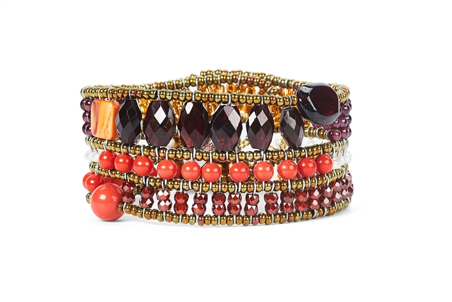 Ziio's Tabiz Collection, this linear beaded Bracelet has the warmth of the tuscan sunset. Red Garnets & Orange Carnelian Gemstones are accented with Red Zircon & Coral Glass Beads. Hand crafted in Italy using Murano Glass seed beads on stainless steel