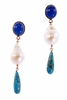 Brighten up your wardrobe with these Pearl Drop Earrings. A brilliant Blue Chalcedony Cabochon holds a large White Baroque Pearl Drop and finishes with a Blue Turquoise Gemstone. Rose Gold plated 925 Sterling Silver. Posts.