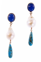 Brighten up your wardrobe with these Pearl Drop Earrings. A brilliant Blue Chalcedony Cabochon holds a large White Baroque Pearl Drop and finishes with a Blue Turquoise Gemstone. Rose Gold plated 925 Sterling Silver. Posts.