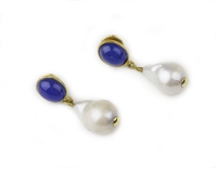 Brighten up your wardrobe with these Pearl Drop Earrings. A brilliant Blue Chalcedony Cabochon holds a large White Baroque Pearl Drop. Gold plated 925 Sterling Silver. Posts. L 1 3/4" X W 5/8"
