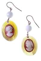 Beautiful hand carved Cameos are backed onto Amber Horn to create these drop Earrings. A single White Agate Gemstone Bead adds an accent of color. Hooks. Rose Gold plated 925 Sterling Silver. Crafted in Italy by Amle.
