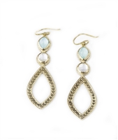 Gold plated Sterling Silver Drop Earrings by Anna Beck. Turquoise Gemstones with a Mother of Pearl overlay, and Mother of Pearl. Handcrafted in Bali by artisans these Chandelier earrings feature intricate metal work. Length 2 1/2" X Width 3/4"