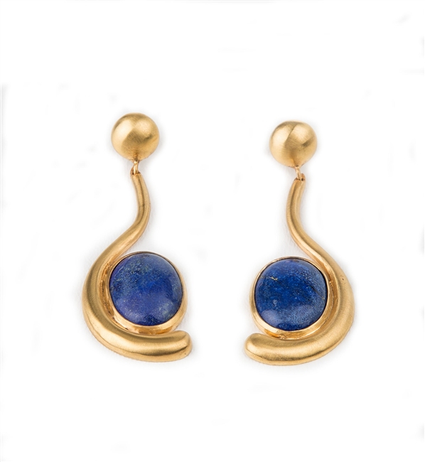 Long Art Deco drop Earrings with a Blue Lapis Cabachon at the drop. Brushed Gold plated 925 Sterling Silver. Made in Italy by Anticoa. L 2 1/2" X W 7/8"