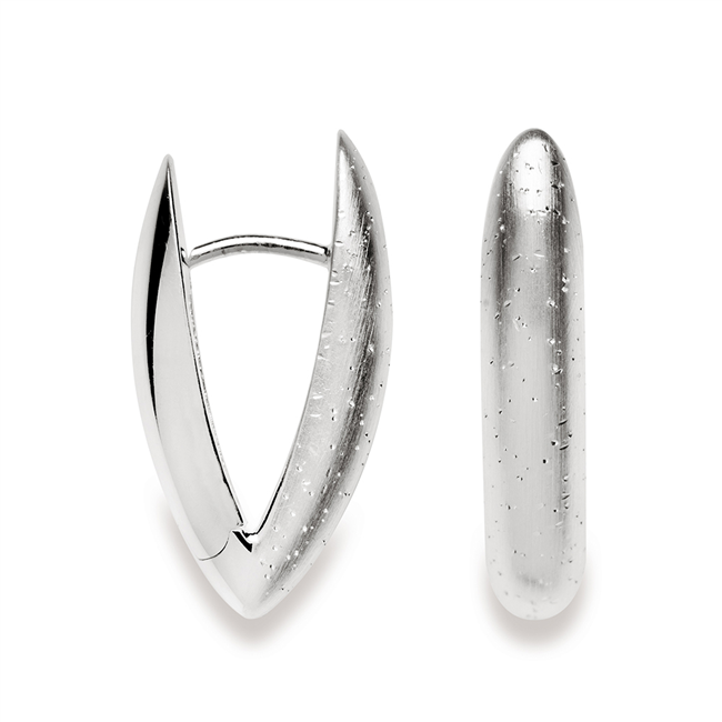 Made in Germany by Bastian, these uniquely hinged Oval Hoop Earrings are a step above others, being inlaid with Diamond Dust. Add a touch of sparkle with these classic Hoops. Mat Sterling Silver, Rhodium plated to prevent tarnishing. 1" long, 1/4" wide.
