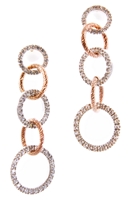 Perfect for that special evening out! These long Chandelier Earrings feature three rings, graduating in size, that are embellished with White Cubic Zirconia. Two Rose Gold plated rings, laser cut, add an accent color in between. 925 Sterling Silver.