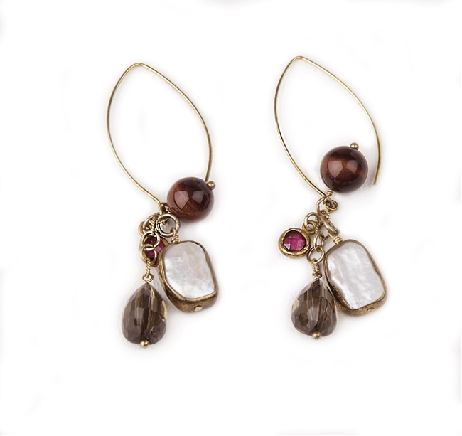 Beautiful, long Chandelier Earrings by Elisa Ilana. Long Gold filled hooks hold a cluster drop featuring a small bezel set Red Ruby, bezel set White Keshi Pearl, a Smokey Quartz Gemstone and a Tuscan Red Tiger-eye bead. Length 3"