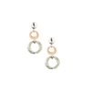 A petite two-tone, White & Rose Gold plated, Sterling Silver Drop Earring by Frederic Duclos. A White Silver Post holds a Rose Gold plated ring with a drop of two White Silver laser cut rings. Rhodium Plated Sterling to prevent tarnishing. L 1" X W 3/8"