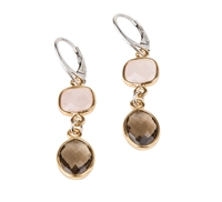 Two-tone Drop Earring by Frederic Duclos. Bezel set Pink Quartz & Smokey Quartz Gemstones are full of movement and light in weight. Gold plated 925 Sterling Silver, lever backs. L 2" X W 3/8"