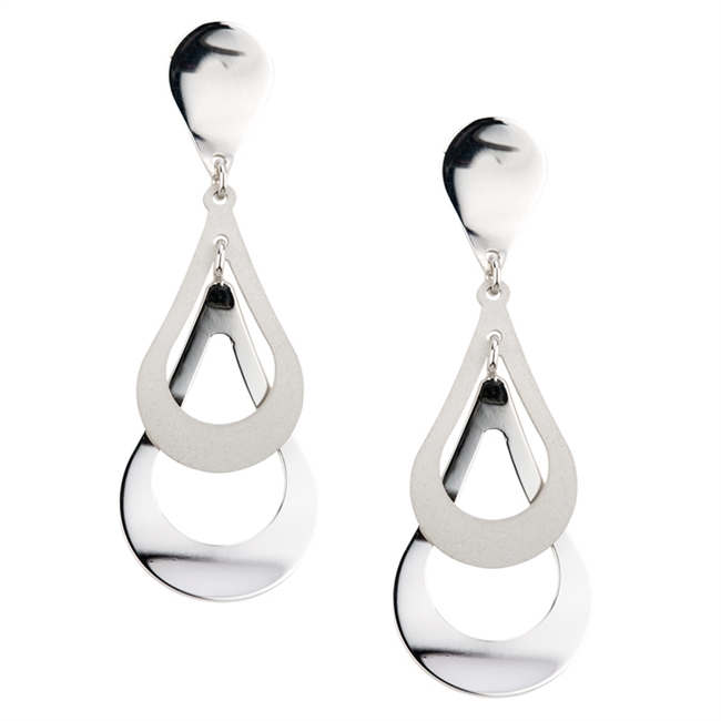 Beautiful, light & easy to wear Sterling Earrings. Perfect for everyday.  double tear-drop shape is accentuated by the contrast of white brushed and polished silver - rhodium plated to prevent tarnishing. By Frederic Duclos. Posts. Length 2 inch.