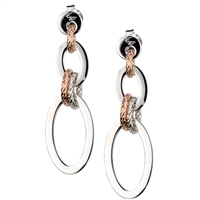 Double Oval Drop Earrings. Polished Sterling Silver with laser cut jump rings in White Silver & Rose Gold plated. Frederic Duclos is known for his use of adding a touch of sparkle to his pieces through laser cutting. Rhodium plated. Posts. length 1 1/2"