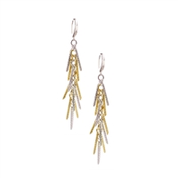 two-tone Chandelier Earrings in White & Yellow Gold plated 925 Sterling Silver. Fun, easy to wear,day or evening, each sterling drop laser cut to add movement and reflective qualities. Made in Italy by Frederic Duclos, non-tarnishing silver Length 2 3/4"