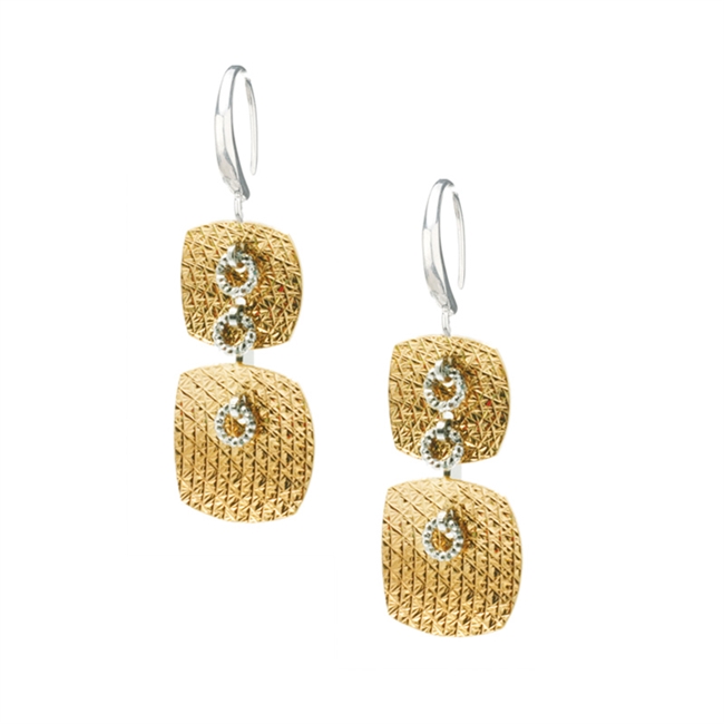 Done in two-tone White & Yellow Gold plated Sterling Silver, these Earrings feature 2 square Textured Drops. Made in Italy by Frederic Duclos, they are light in weight & perfect for every-day wear. Hooks. L 1 3/8" X W 1/2"