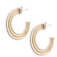 These two tone, laser cut, hoop Earrings will go with anything. The hoops are alternating White & Yellow Gold plated Sterling Silver. By Frederic Duclos. Posts 1 3/8" diameter