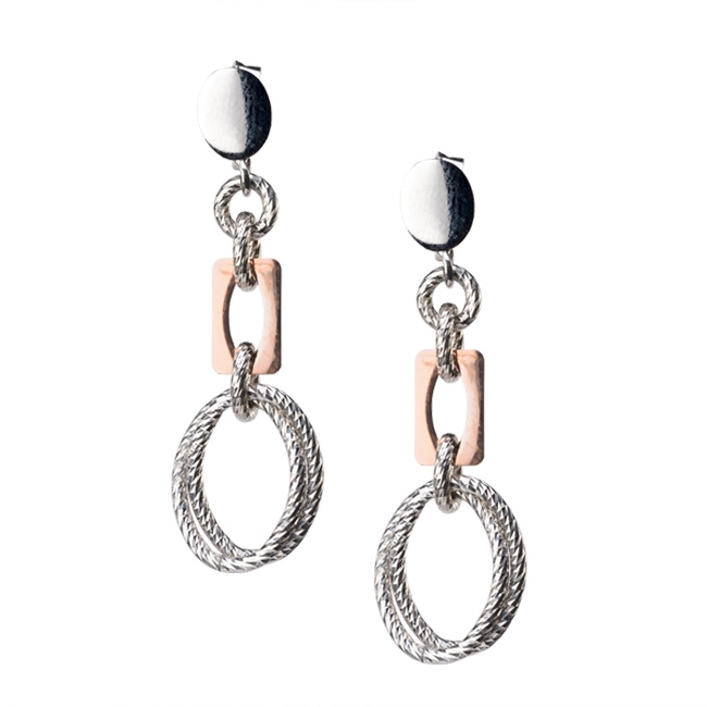"Abigail" Earrings by Frederic Duclos feature double Oval, White 925 Sterling rings, laser cut for sparkle. Rectangular links, Rose Gold plated, alternate between the rings. Rhodium plated. Posts. Length 1 3/4". Matching Bracelet & Necklace available.