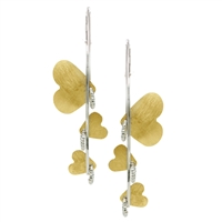 Three Yellow Gold plated Hearts appear to be floating on these White Sterling Silver Drop Earrings. Each Heart has a small laser cut ring attached for sparkle and movement. By Frederic Duclos. Hooks. Length 1 1/2 inch. Matching Necklace available.