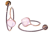 One-of-a-kind Designer Earrings. Crafted in 18k Rose Gold descending from the center of the Hoop is a cushion cut Pink Quartz Gemstone framed by pave set White Diamonds. Black Diamonds on face of front Hoop. 2.0ctw gemstones. Made in Italy