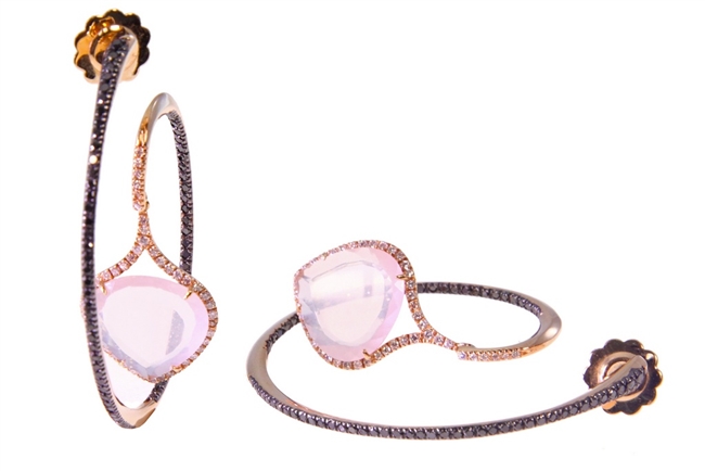 One-of-a-kind Designer Earrings. Crafted in 18k Rose Gold descending from the center of the Hoop is a cushion cut Pink Quartz Gemstone framed by pave set White Diamonds. Black Diamonds on face of front Hoop. 2.0ctw gemstones. Made in Italy