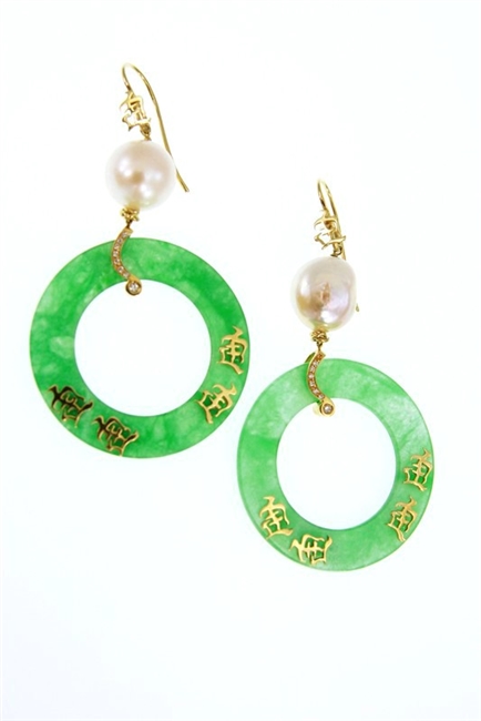 Limited Edition Designer Drop Earring by JJewels. Oriental thene - these Chandelier Earrings feature a large White Baroque Pearl holding a Green Jade ring with Golden Oriental Letters. The connector ring between the two has pave White Diamonds