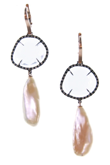 These stunning Drop Earrings will easily take you from day to evening. A cushion cut Rock Crystal Gemstone is framed by a setting of pave Black Diamonds (0.46ctw). A long, soft Pink Keshi Pearl creates the drop. Made by JJewels, Milan, Italy in 18k Rose