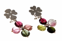 Fun, unique & colorful - an 18k White Gold Clover Leaf Post holds a four Gemstone drop of mixed color Tourmaline Gemstones with a White Diamond at the center. Made in Italy by Leaderline. 22.85ctw Gemstones. Leverbacks L 1 3/4" X W 1"