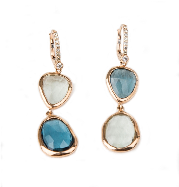 Alluring asymmetrical Earrings by J Jewels. Fun, unique Drops feature faceted Green Amethyst & Blue Topaz bezel set Gemstones alternating within the pair. Lever back posts hold 0.31ctw of pave set White Diamonds. Made in Italy, 18k Gold. L 2" X W 1/2"