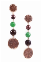 Made in Italy by Leaderline these Roman Coin chandelier Earrings are sure to delight. Each drop holds a Bronze Pearl, a faceted Green Jade Gemstone and a faceted Smokey Quartz followed by an additional Coin. Set in 18K Rose Gold. Posts. L 3 1/4" X 7/8"W