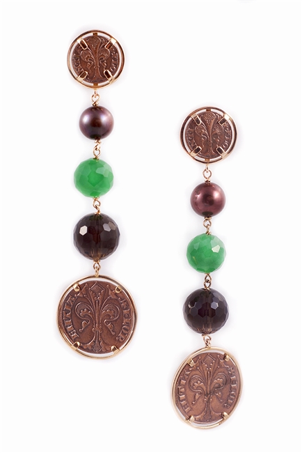 Made in Italy by Leaderline these Roman Coin chandelier Earrings are sure to delight. Each drop holds a Bronze Pearl, a faceted Green Jade Gemstone and a faceted Smokey Quartz followed by an additional Coin. Set in 18K Rose Gold. Posts. L 3 1/4" X 7/8"W