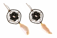 Stunning Drop Earrings - A Black Onyx Gemstone flower is at the center and framed by a double setting of pave White Diamonds and Black Diamonds (1.30ctw). White Diamonds accent the flower and the Post.  A Keshi Pearl drop. 18k gold, made in Italy