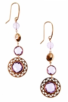 The warmth of the Italian Rose Gold enhances the beauty of the Purple Amethyst. These designer Drop Earrings have style with three cuts of the Gemstones growing in importance & illumination. Bezel set & Halo set, they simply radiate. Madein Italy by Zocca
