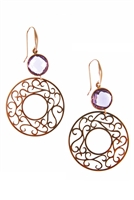 A bezel set Purple Amethyst Gemstone sets off the style in these beautiful Drop Earrings. A laser, lace cut, Filigree Gold Ring adds impact as the drop. Made in Italy by Zoccai in 18k Rose Gold. Hooks
