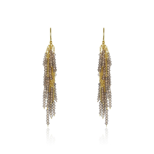 Firecracker Chandelier Earrings will light up any outfit. From multi-lengths of gold chain descend beads of Labradorite Gemstones - the perfect neutral for any outfit. Made in 14k Gold Filled wire & chain by Mabel Chong, San Francisco. Length 2"