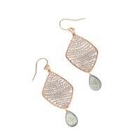 Mabel Chong's Kite Earrings are woven at the center with soft silver Labradorite Gemstones. These have an Aquamarine Teardrop Gemstone drop. Made in 14k Gold Filled Wire. L 2 1/4" X W 1"