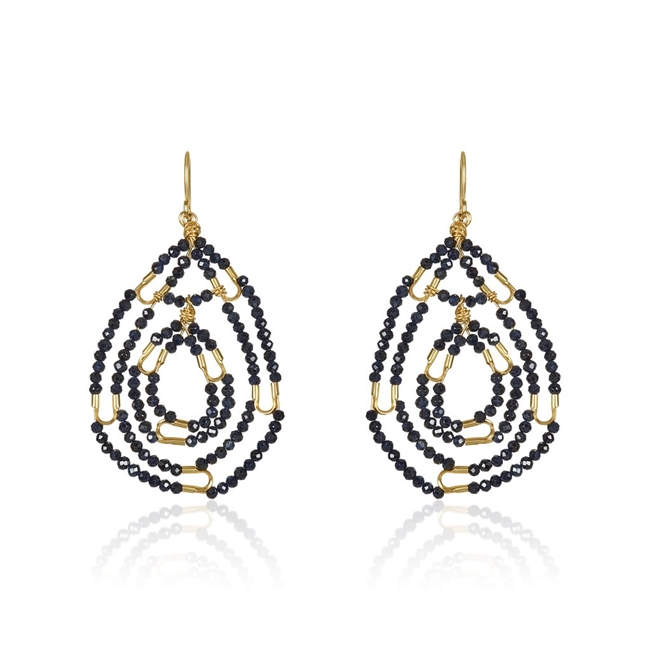 Beautiful dark Blue beaded Sapphire Gemstone Earrings. These oval drop Earrings are in 14k Gold Filled Wire with the center drop hinged for movement. By Mabel Chong, San Francisco. Hooks L 2" X W 1 1/4"