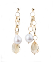 Beautiful "go anywhere" Chandelier Earrings by Mattia Mazza. These Earrings feature two 18k Yellow Gold Chain Drops - one holding a White Pearl (aprox 12-13mm) and the other a Golden Citrine Gemstone. Posts. Made in Italy. L 2 1/2" X W 1/2"