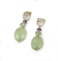 Gemstone Drop Earrings - A Pink Quartz Cabochon holds a large Gemstone drop of Green Fluorite. Smaller Amethyst & Fluorite Beads are in-between. 18k Yellow Gold. Made in Italy by Mattia Mazza. Posts. L 1 3/4" X W 5/8"
