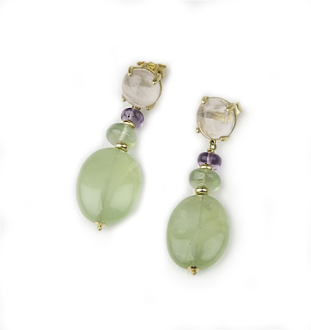 Gemstone Drop Earrings - A Pink Quartz Cabochon holds a large Gemstone drop of Green Fluorite. Smaller Amethyst & Fluorite Beads are in-between. 18k Yellow Gold. Made in Italy by Mattia Mazza. Posts. L 1 3/4" X W 5/8"