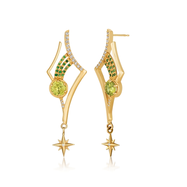 Taking inspiration from the heaven's, Martha Seely's "Antares" Earrings feature 2  7mm Peridot Gemstones, 28 1.5mm Diamonds & 30 1mm Tsavorite (Green) Garnets. Uniquely stunning. 14k Yellow Gold. Length 2", Width 3/4". Posts. Shooting Star Collection.