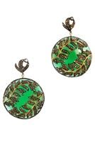 One-of-a-kind Green Onyx & Pave Diamond Leaf Earrings. A large circular Onyx Gemstone is bezel set with an overlay of a leaf design in dark rhodium Sterling Silver with 18k Yellow Gold accents. Embellished with rose cut Pave set Diamonds