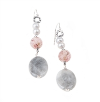 Two soft Grey Water Pearls start the drop, followed by a single Pink Quartz Gemstone, then a larger Grey Cloud Quartz Gemstone. A touch of Pyrite adds interest. Made in Italy by Rajola. Look for the complimenting Necklace we carry. L 2 1/2" X W 5/8"