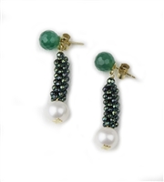 A single Emerald Green Agate Gemstone holds a drop of Green Hematite beads with a White Fresh Water Pearl completing the look. Made in Italy by Rajola. Posts in 18k Yellow Gold. L1 1/2" X W 3/8"