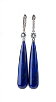 Italian designer, Sanalitro, named these "Simple & Sexy". Hand cut Lapis Gemstone drops are simply enhanced at the top by a single Aquamarine Gemstone and Pave White Diamonds at the front of the lever backs. Made in Italy, 18k White Gold,