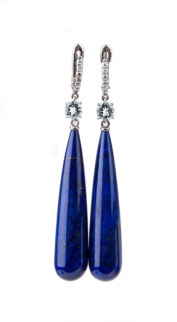 Italian designer, Sanalitro, named these "Simple & Sexy". Hand cut Lapis Gemstone drops are simply enhanced at the top by a single Aquamarine Gemstone and Pave White Diamonds at the front of the lever backs. Made in Italy, 18k White Gold,