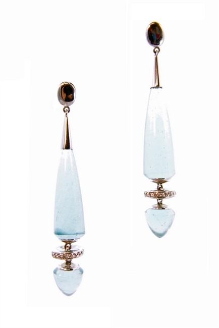 Aquamarine Gemstone Earrings by Sanalitro Gioielli. Known as a master Gemstone cutter, Sanalitro has hand sculpted the Aquamarines to create these One-of-a-Kind designer drop Chandelier Earrings. Made in 18k White Gold, a hinged Ring of White Diamonds