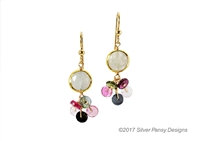 A single Moonstone Gemstone is Bezel set and holds a cluster of multi-color Heishi cut Tourmaline Gemstones. Light weight, fun, colorful & easy to wear drop Earrings.   Gold Filled Sterling Hooks and chain. Made in the U.S. by Silver Pansy. Length 1 1/2"