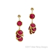 Beautiful Ruby Gemstone Earrings. A single Ruby Coin holds a cluster of six additional Ruby Coins. The coin shaped Rubies are Bezel set and 3/8" in diameter. Gold Filled Sterling Posts & Chain. Made in the U.S. by Silver Pansy. Length 2", Width 5/8"